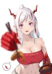  1girl :d absurdres arknights bandeau bangs bare_shoulders blurry_foreground breasts chopsticks cleavage commentary_request fang highres holding holding_chopsticks horns long_hair looking_at_viewer medium_breasts midriff multicolored_hair navel nian_(arknights) open_mouth pointy_ears purple_eyes red_hair silver_hair simple_background smile solo stomach strapless streaked_hair tubetop upper_body white_background xiaobei 