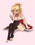  1girl absurdres blonde_hair breasts drink fate_(series) glass green_eyes highres mordred_(fate) mordred_(fate)_(all) ponytail ribbon santa_costume scrunchie sidelocks simple_background sitting small_breasts solo thighhighs todding 