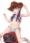  1girl aoi_kumiko bikini black_hair blue_bikini brown_headwear cowboy_hat hair_over_shoulder happy_new_year hat highres long_hair mechanical_bull new_year one_eye_closed original red_eyes riding riding_machine side-tie_bikini simple_background solo swimsuit white_background 