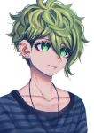 1boy amami_rantarou bangs closed_mouth collarbone commentary_request danganronpa_(series) danganronpa_v3:_killing_harmony ear_piercing earrings green_eyes green_hair hair_between_eyes highres jewelry male_focus messy_hair necklace piercing portrait shirt short_hair simple_background smile solo striped striped_shirt tei_(auntaso) upper_body white_background 