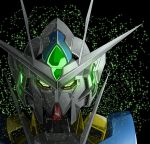  00_qan[t] black_background glowing glowing_eyes green_eyes gundam gundam_00 gundam_00_a_wakening_of_the_trailblazer head_only highres looking_at_viewer mecha no_humans science_fiction shimashun solo v-fin 