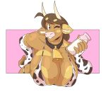  2021 animal_bikini animal_print anthro areola areola_slip arm_tuft bell bell_collar big_breasts bikini bottle bottle_of_milk bovid bovine breast_squish breasts brown_body brown_eyes brown_fur brown_hair cattle clothed clothing collar cow_bikini cow_print cowbell elbow_tufts eyelashes female fur hair hand_breasts hand_on_hip hi_res holding_bottle holding_object horn huge_breasts mammal milk molly_(slightlysimian) one_eye_closed open_mouth pattern_clothing pattern_swimwear simple_background skimpy skimpy_bikini slightlysimian smile solo squish swimwear teeth tuft wink 