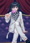  1boy arm_support bangs black_hair buttons candy checkered checkered_neckwear checkered_scarf commentary_request couch crossed_legs curtains danganronpa_(series) danganronpa_v3:_killing_harmony feet_out_of_frame food hair_between_eyes hand_up highres holding jacket lollipop long_sleeves looking_at_viewer male_focus multicolored_hair on_couch open_mouth ouma_kokichi pants purple_hair scarf shiny shiny_hair shirt sitting solo straitjacket tei_(auntaso) white_jacket white_pants 