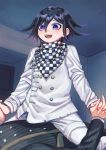  2boys :d bangs black_hair buttons checkered checkered_scarf commentary_request danganronpa_(series) danganronpa_v3:_killing_harmony double-breasted feet_out_of_frame hair_between_eyes highres indoors jacket long_sleeves looking_down male_focus multicolored_hair multiple_boys open_mouth ouma_kokichi pants purple_eyes purple_hair saihara_shuuichi scarf short_hair sitting smile solo_focus straitjacket striped striped_jacket tei_(auntaso) two-tone_hair upper_teeth vertical_stripes white_jacket white_pants yaoi 