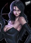  1girl bare_shoulders black_background black_dress black_gloves black_hair breasts cleavage colored_skin dress elbow_gloves fullmetal_alchemist gloves grey_skin hibren highres large_breasts long_hair lust_(fma) ouroboros red_eyes signature simple_background solo strapless strapless_dress tattoo upper_body 