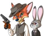  anthro briskby canid canine cheek_tuft clothed clothing dipstick_ears disney duo eyewear facial_tuft fox glasses green_eyes gun half-closed_eyes hat headgear headwear holding_gun holding_object holding_weapon judy_hopps lagomorph leporid long_ears looking_at_viewer mammal multicolored_ears narrowed_eyes necktie nick_wilde purple_eyes rabbit ranged_weapon red_fox simple_background smile suit tuft weapon white_background zootopia 
