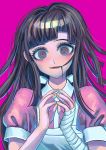  1girl apron bandaged_arm bandages bangs black_hair blunt_bangs blush collared_shirt crazy_eyes danganronpa_(series) danganronpa_2:_goodbye_despair fingers_together hair_in_mouth hands_up highres long_hair looking_at_viewer mole mole_under_eye open_mouth pink_background pink_shirt puffy_short_sleeves puffy_sleeves purple_hair shiny shiny_hair shirt short_sleeves simple_background smile solo symbol_commentary tei_(auntaso) tsumiki_mikan upper_body white_apron 