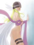  1girl :o angel_wings angewomon ass asymmetrical_legwear bare_shoulders blonde_hair breasts covered_eyes cowboy_shot digimon facing_viewer from_side hagoromo hands_on_wall helmet highres large_breasts long_hair muramura_hito parted_lips revealing_clothes shawl skindentation solo white_legwear white_wings wings 