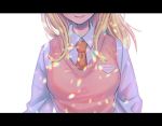  1girl ahoge akamatsu_kaede arms_at_sides bangs blonde_hair breasts closed_mouth collared_shirt danganronpa_(series) danganronpa_v3:_killing_harmony hair_ornament head_out_of_frame large_breasts letterboxed long_hair long_sleeves necktie orange_neckwear school_uniform shirt smile solo striped sweater_vest tei_(auntaso) upper_body white_background white_shirt wing_collar 