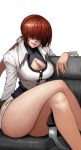  1girl ass bangs breasts buttons carcass_(artist) chair cleavage cleavage_cutout closed_mouth clothing_cutout covered_collarbone crossed_legs earrings fingernails hair_over_eyes jacket jewelry large_breasts lips long_hair long_sleeves looking_at_viewer miniskirt ponytail red_hair shermie_(kof) simple_background sitting sitting_on_object skirt smile solo the_king_of_fighters thighs tied_hair turtleneck white_background 