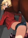  1girl absurdres ass back bar_censor bent_over bestiality blonde_hair breasts censored cum cumdrip eyebrows_visible_through_hair fang fate/grand_order fate_(series) from_above from_behind green_eyes hetero highres horse horse_penis huge_penis looking_back mordred_(fate) mordred_(fate)_(all) penis ponytail precum sidelocks small_breasts solo todding veins veiny_penis 