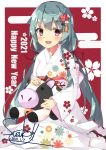  1girl 2021 :d bangs beritabo black_footwear blush chinese_zodiac commentary_request dated egasumi eyebrows_visible_through_hair floral_background floral_print furisode green_hair hair_between_eyes hair_ribbon happy_new_year highres japanese_clothes kimono long_hair low_twintails new_year obi open_mouth original print_kimono red_background red_eyes red_ribbon ribbon sash signature sitting smile socks solo stuffed_animal stuffed_cow stuffed_toy tabi twintails very_long_hair wariza white_kimono white_legwear year_of_the_ox zouri 