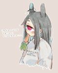  1girl animal_ears black_hair brown_background bunny_ears carrot clothes_writing cyclops dated grey_sweater highres long_hair mouth_hold muroku_(aimichiyo0526) one-eyed original outline red_eyes signature simple_background solo sweater translation_request upper_body white_outline x_x 