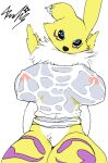  anthro big_breasts black_sclera blue_eyes bottomless breasts clothed clothing crotch_tuft digimon digimon_(species) facial_markings female head_markings hi_res huge_breasts leg_markings looking_at_viewer markings neck_tuft nipples pubes realius renamon shirt simple_background sitting solo thick_thighs thigh_markings topwear traditional_media_(artwork) translucent translucent_clothing tuft wet wet_clothing wet_shirt wet_topwear 