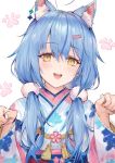  1girl :d ahoge animal_ear_fluff animal_ears bangs bell blue_kimono blue_nails blue_ribbon blush cat_ears cat_girl cat_paws cat_tail eyebrows_visible_through_hair floral_print hair_between_eyes hair_ornament hair_over_shoulder hairclip hands_up haoni heart_ahoge highres holofive hololive japanese_clothes kemonomimi_mode kimono long_hair long_sleeves looking_at_viewer low_twintails multicolored_hair nail_polish obi open_mouth paws pointy_ears print_kimono ribbon sash simple_background smile snowflake_print solo tail twintails virtual_youtuber white_background wide_sleeves yagasuri yellow_eyes yukihana_lamy 