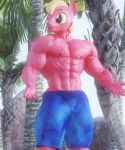  3d_(artwork) abs absurd_res big_macintosh_(mlp) big_muscles blonde_hair bottomwear clothed clothing dashie116 digital_media_(artwork) english_text equid equine friendship_is_magic green_eyes hair hasbro hi_res horse huge_muscles male mammal muscular muscular_male my_little_pony palm_tree plant pony shorts solo text tree vein veiny_muscles 