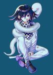  1boy bangs blue_background checkered checkered_scarf commentary_request danganronpa_(series) danganronpa_v3:_killing_harmony full_body green_background hair_between_eyes highres jacket long_sleeves looking_at_viewer male_focus ouma_kokichi pants purple_eyes scarf shoes short_hair simple_background sitting smile snake solo straitjacket tei_(auntaso) white_pants 