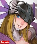 1girl angewomon blonde_hair blue_eyes commentary covered_collarbone digimon face gloves head_wings helmet highres lift lifted_by_self lips long_hair looking_at_viewer one_eye_covered portrait sideways_glance sinobali smile solo teeth white_gloves 