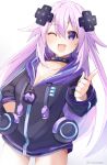  1girl absurdres adult_neptune bimmy black_jacket blush choker eyebrows_visible_through_hair hair_between_eyes highres hood hoodie jacket long_hair looking_at_viewer neptune_(series) one_eye_closed open_mouth purple_eyes purple_hair shin_jigen_game_neptune_vii simple_background solo twitter_username white_background 