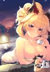  1girl animal_ear_fluff animal_ears backlighting bare_arms bare_shoulders bathing blonde_hair blush braid breasts bucket choko_(cup) cleavage closed_mouth collarbone commentary_request cow cup fox_ears highres holding holding_cup large_breasts long_hair looking_at_viewer mizuyoukan_(mikususannda) naked_towel night night_sky onsen original outdoors partially_submerged ponytail red_eyes sky smile solo tokkuri towel undersized_animal water wooden_bucket 