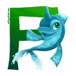  2018 :d blue_theme commentary dolphin english_commentary flotsam_(neopets) full_body green_eyes happy highres horns looking_away neopets no_humans open_mouth puffycute66 signature simple_background single_horn single_letter smile water_neopet white_background 