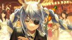  animal_ear_fluff animal_ears artist_name black_jacket black_neckwear blurry blurry_background blush bokeh bow bowing bowtie bunny_ears carrot_hair_ornament collared_shirt commentary cosplay depth_of_field eyepatch fake_animal_ears food_themed_hair_ornament formal grin hair_between_eyes hair_ornament highres hikosan hololive jacket light_blue_hair long_hair looking_at_viewer majima_gorou majima_gorou_(cosplay) multicolored_hair parody red_eyes ryuu_ga_gotoku ryuu_ga_gotoku_0 shirt signature smile solo_focus sparkle suit thick_eyebrows tuxedo twintails two-tone_hair upper_body usada_pekora virtual_youtuber white_hair white_shirt wing_collar 