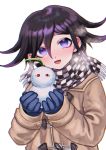 1boy :d ahoge alternate_costume black_hair blue_gloves blush brown_jacket checkered checkered_scarf coat danganronpa_(series) danganronpa_v3:_killing_harmony gloves hair_between_eyes highres holding jacket long_sleeves looking_at_viewer male_focus open_mouth ouma_kokichi purple_eyes purple_hair scarf short_hair simple_background smile snowman solo tei_(auntaso) upper_body white_background winter_clothes 