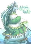  1girl animal_ears bangs braid character_name closed_mouth commentary dated dress english_commentary eyelashes green_dress green_hair hair_ornament iimia long_hair looking_at_viewer monster_girl neopets partially_submerged peophin signature sitting sitting_on_rock tail 