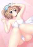  1girl blanc blue_eyes blush breasts brown_hair collarbone covering from_above highres looking_away lying navel neptune_(series) nude_cover on_back open_mouth short_hair small_breasts taked towel wet 