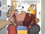  aggressive_retsuko ailurid anthro big_breasts breast_size_difference breasts canid canine canis clothed clothing competition domestic_dog duo english_text female female/female fur hi_res huge_breasts inui_(aggressive_retsuko) mammal netflix red_panda retsuko sanrio superbunnygt text 