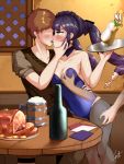  1girl 3boys absurdres alcohol aqua_eyes bar beer_mug blue_leotard blush bottle breast_grab breasts brown_hair cleavage cup doppel_(cursed_atelier) earrings faceless faceless_male food french_kiss genshin_impact grabbing groping highres indoors jewelry kiss leotard meat molestation mona_(genshin_impact) mug multiple_boys pantyhose plate playboy_bunny purple_hair saliva solo_focus spilling star_(symbol) star_earrings table thigh_grab tongue tongue_out torso_grab waitress 