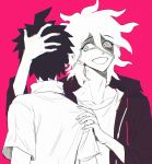  2boys akiko_141 bangs black_jacket collarbone commentary_request danganronpa_(series) danganronpa_2:_goodbye_despair eyebrows_visible_through_hair hair_between_eyes hand_on_another&#039;s_head hand_on_another&#039;s_shoulder highres hinata_hajime jacket komaeda_nagito long_sleeves looking_at_another male_focus multiple_boys open_clothes open_jacket open_mouth pink_background red_background shaded_face shirt short_hair short_sleeves simple_background smile spiked_hair upper_body yaoi 