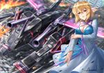  1girl amasaki_yusuke blonde_hair blue_dress breasts brown_eyes city cleavage dress explosion fire floating_hair gaia_gundam gundam gundam_seed gundam_seed_destiny hair_between_eyes mecha medium_breasts motion_blur parted_lips running science_fiction shoulder_cannon stellar_loussier wide_sleeves 