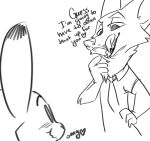 &lt;3 anthro blush briskby canid canine cheek_tuft clothed clothing dialogue dipstick_ears disney duo english_text facial_tuft fox fur judy_hopps lagomorph leporid licking licking_lips licking_own_lips looking_at_another mammal monochrome multicolored_ears necktie nick_wilde open_mouth rabbit red_fox self_lick shirt simple_background teeth text tongue tongue_out topwear tuft white_background zootopia 