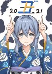  1girl 2021 alternate_costume blue_eyes blue_hair blue_kimono chinese_zodiac commentary_request floral_print gotland_(kantai_collection) hair_bun highres index_fingers_raised japanese_clothes kantai_collection kimono kodama_(mmt_uf) long_hair looking_at_viewer mole mole_under_eye smile solo upper_body white_background year_of_the_ox 