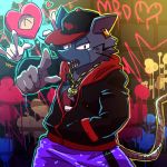  &lt;3 1:1 absurd_res anthro anthrofied clothing duo ear_tag graffiti hat headgear headwear heart_(mad_rat_dead) hi_res mad_rat_(character) mad_rat_dead male mammal murid murine musical_note nikunabe1989 rat rodent 