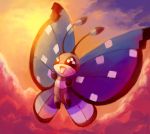  :d bug butterfly cloud cloudy_sky commentary creature english_commentary flying full_body gen_6_pokemon happy highres insect musicalcombusken no_humans open_mouth outdoors pokemon pokemon_(creature) sky smile solo twilight vivillon vivillon_(polar) 