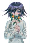  1boy bangs black_hair blush closed_mouth collarbone danganronpa_(series) danganronpa_v3:_killing_harmony double-breasted flower frown hair_between_eyes hands_clasped highres holding holding_flower long_sleeves looking_at_viewer male_focus multicolored_hair ouma_kokichi own_hands_together red_flower shiny shiny_hair short_hair simple_background smile solo straitjacket striped tei_(auntaso) upper_body white_background 