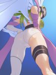  1girl angel_wings angewomon ass breasts cameltoe covered_eyes digimon elbow_gloves from_below gloves green_hair hagoromo hands_on_hips helmet highres large_breasts long_hair muramura_hito shawl single_glove single_leg_pantyhose solo thigh_strap white_gloves white_wings winged_helmet wings 