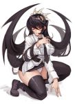  1girl bangs black_hair black_legwear black_neckwear breasts buttons carcass_(artist) filia_(skullgirls) full_body hair_between_eyes hand_in_hair kneeling large_breasts long_hair necktie open_mouth panties red_eyes samson_(skullgirls) shirt shoes simple_background skullgirls solo thick_thighs thighs underwear white_panties white_shirt 