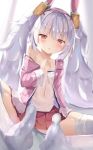  1girl :o animal_ears azur_lane bangs bare_shoulders blurry blurry_background blush bunny_ears camisole collarbone commentary_request covered_navel depth_of_field eyebrows_visible_through_hair fake_animal_ears feet fur-trimmed_jacket fur_trim hair_between_eyes hairband highres jacket laffey_(azur_lane) long_hair looking_at_viewer na!?_(naxtuyasai) no_shoes off_shoulder open_clothes open_jacket parted_lips pink_jacket pleated_skirt red_eyes red_hairband red_skirt silver_hair skirt soles solo strap_slip thighhighs twintails very_long_hair white_camisole white_legwear 