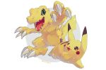  :3 :d agumon brown_eyes circle claws color_connection commentary creature crossover digimon full_body gen_1_pokemon green_eyes happy kira_(kira_dra) looking_at_another looking_at_viewer no_humans open_mouth pikachu pokemon pokemon_(creature) sharp_teeth smile standing tail teeth twitter_username white_background 