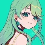  1girl blush braid camisole character_request commentary_request copyright_request dice dice_earrings empty_eyes green_background green_hair kisaragi_yuu_(fallen_sky) long_hair looking_at_viewer shadow simple_background smile solo upper_body yellow_camisole 