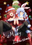  2girls :d abi_(abimel10) absurdres alcohol alternate_costume animal_ear_fluff animal_ears bangs bare_shoulders black_legwear blue_hair blurry blurry_background blush boots braid breasts bunny_ears carrot_hair_ornament champagne champagne_flute christmas christmas_tree commentary_request crossed_legs cup don-chan_(usada_pekora) drinking_glass eyebrows_visible_through_hair food_themed_hair_ornament fur_trim gift gloves hair_ornament hat heterochromia highres holding hololive houshou_marine large_breasts long_hair looking_at_viewer medium_breasts merry_christmas multicolored_hair multiple_girls open_mouth ornament panties panties_under_pantyhose pantyhose partial_commentary red_eyes red_gloves red_hair red_legwear red_shirt ribbon santa_costume santa_hat shirt sitting smile thick_eyebrows thighband_pantyhose thighhighs thighs tongue tongue_out twin_braids twintails two-tone_hair underwear usada_pekora virtual_youtuber white_hair yellow_eyes 