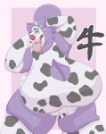  animal_print armwear big_breasts bottomwear breasts clothed clothing clown cow_print female gengar hi_res huge_breasts humanoid leggings legwear lucky_(mcnasty) makeup mcnasty nintendo overweight pok&eacute;mon pok&eacute;mon_(species) purple_body purple_skin skirt solo thick_thighs tongue tongue_out video_games 