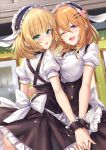  2girls :d :o animal_ears apron bangs blonde_hair blunt_bangs breasts bunny_ears eyebrows_visible_through_hair facing_away facing_viewer fleur_de_lapin_uniform flower frills gochuumon_wa_usagi_desu_ka? green_eyes hair_between_eyes hair_flower hair_ornament hairband hairclip highres holding_hands hoto_cocoa kirima_sharo ks_(xephyrks) large_breasts long_hair looking_at_viewer maid_headdress multiple_girls one_eye_closed open_mouth orange_hair purple_eyes shirt short_hair short_sleeves skirt small_breasts smile waitress wrist_cuffs 