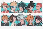  6+boys aqua_background asakura_you black_eyes black_hair bleach blonde_hair blue_eyes boku_no_hero_academia brown_eyes collared_shirt dragon_ball dragon_ball_(classic) finger_in_ear gintama green_hair grey_hair haikyuu!! headband hinata_shouyou jewelry kamado_tanjirou kimetsu_no_yaiba kurosaki_ichigo looking_at_viewer male_focus midoriya_izuku monkey_d_luffy multiple_boys naruto_(series) necklace one_piece orange_eyes orange_hair parted_lips red_hair red_shirt sakata_gintoki sakuragi_hanamichi scar_on_forehead shaman_king shirt short_hair slam_dunk smile son_goku sword tank_top uzumaki_naruto uzuta weapon white_shirt 