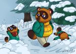  2020 animal_crossing anthro blue_eyes bottomwear brown_body brown_fur canid canine clothing fur group mammal nightbones nintendo outside overweight pants plant raccoon_dog scarf snow sweater tanuki timmy_nook tom_nook_(animal_crossing) tommy_nook topwear tree video_games 