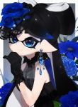  +_+ 1girl alternate_eye_color alternate_headwear bangs black_dress black_gloves black_hair blue_eyes blue_flower blue_hair blue_rose blue_theme callie_(splatoon) closed_mouth commentary domino_mask dress earrings flower formal gloves gradient_hair hair_flower hair_ornament halterneck hand_on_own_chin highres jewelry long_hair looking_at_viewer mask mole mole_under_eye multicolored_hair nomu pointy_ears rose shiny shiny_hair sleeveless sleeveless_dress smile solo sparkle splatoon_(series) swept_bangs tentacle_hair tied_hair upper_body very_long_hair 