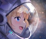 1girl absurdres astronaut bangs blonde_hair blue_eyes close-up dayshiart english_commentary from_side highres hololive hololive_english light_blush looking_ahead open_mouth outer_wilds solo space space_helmet virtual_youtuber watson_amelia 